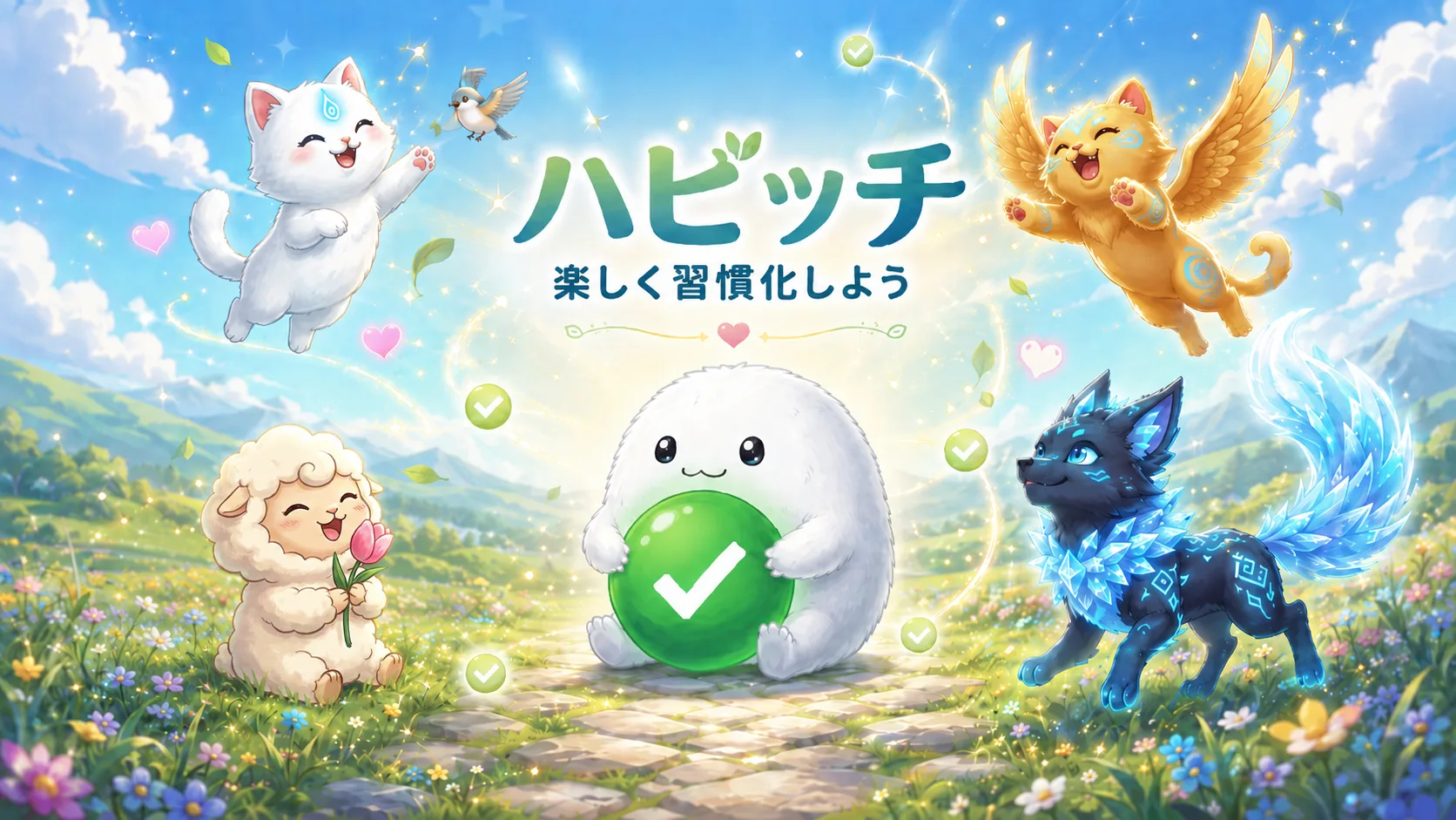 ハビッチのキービジュアル。草原でチェックマークを抱くハビッチと、進化した仲間のペットたち